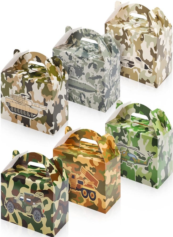 Spakon 24 PCS Camo Party Favors Boxes Camouflage Army Goodie Paper Camouflage Treat Boxes with Handle Camo Birthday Party Supplies for Candy Cookie Wrapping, 6 x 3.5 x 3.5 Inch, 6 Designs - Image 1
