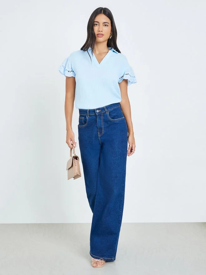 Styli Styli Blue Ruffle Sleeve Burnout Blouse
