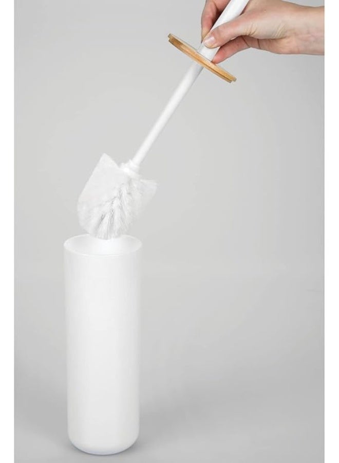 Compact Freestanding Plastic Toilet Bowl Brush And Holder For Bathroom Storage Sturdy Deep Cleaning Natural Bamboo Accent Shield Top One Size White - Image 4