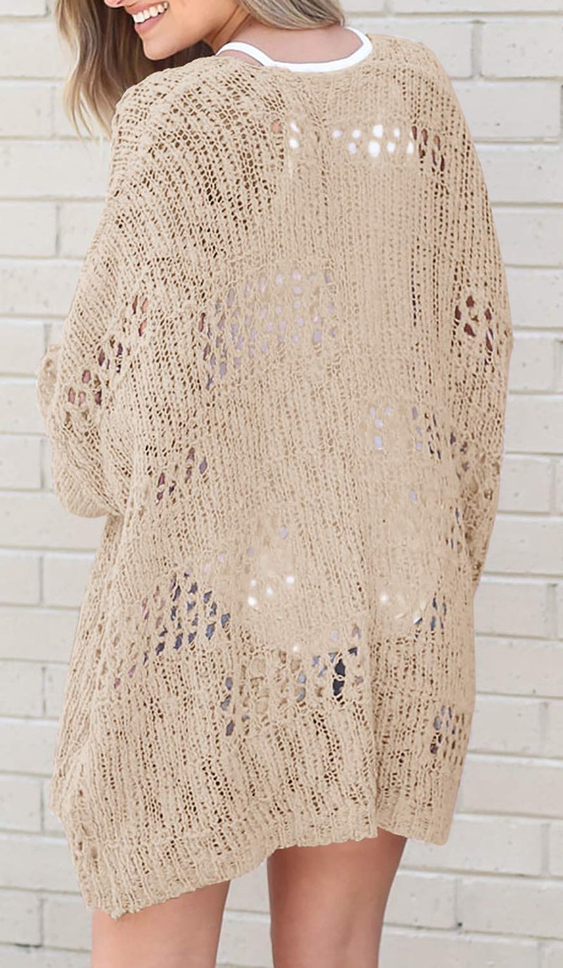 Ermonn Womens Crochet Cardigan Sweater Kimonos Boho Solid Color Oversized Fall Open Front Outwear - Image 3