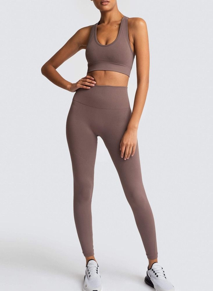 Loquat Fitness Back Bra Solid Color Sports Set - Image 1