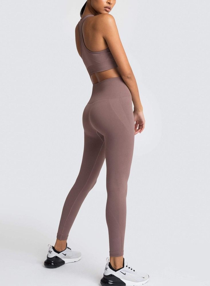 Loquat Fitness Back Bra Solid Color Sports Set - Image 3