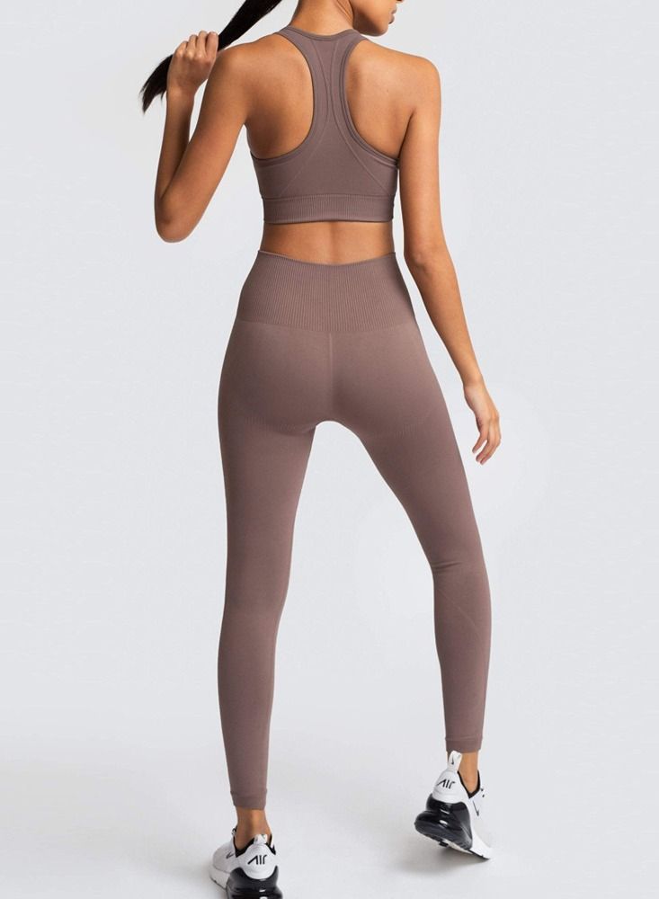 Loquat Fitness Back Bra Solid Color Sports Set - Image 2