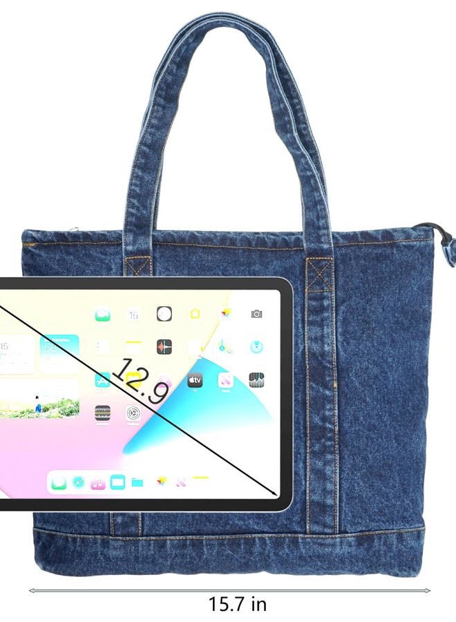 YunZh Denim Tote Bag Casual Style Lightweight Classic Retro Travel Shopper Shoulder Handbag, E-darkblue, Medium - Image 4