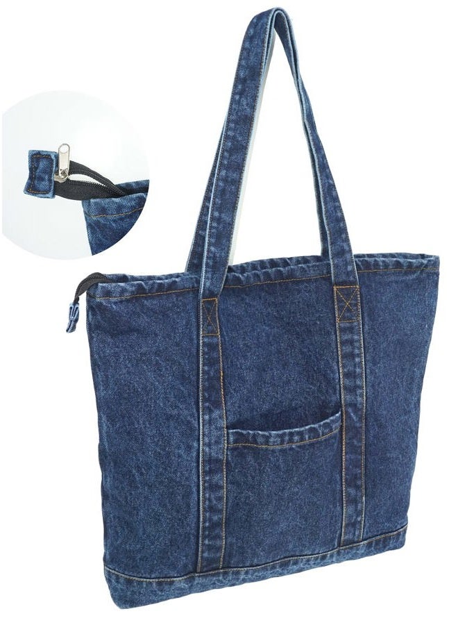 YunZh Denim Tote Bag Casual Style Lightweight Classic Retro Travel Shopper Shoulder Handbag, E-darkblue, Medium - Image 3