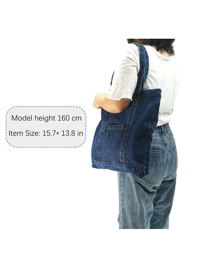 YunZh Denim Tote Bag Casual Style Lightweight Classic Retro Travel Shopper Shoulder Handbag, E-darkblue, Medium - Image 2