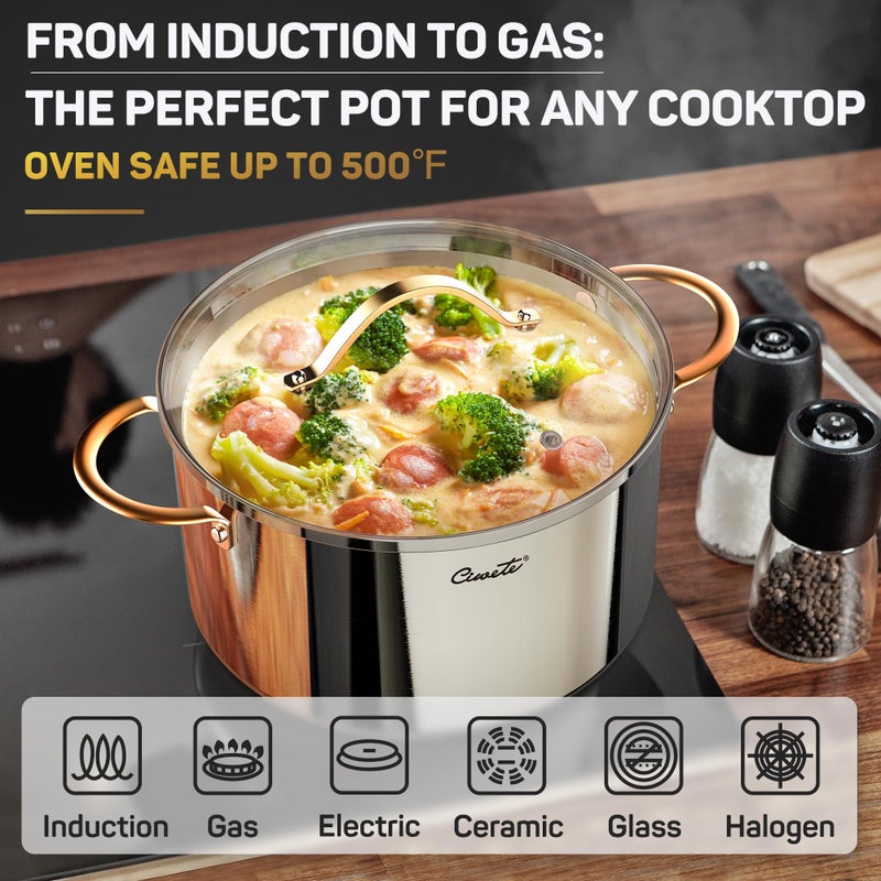 Ciwete Stock Pot 12 Quart, 18/10 Tri-Ply Stainless Steel Whole Clad Stock Pot with Lid, Seamless 12 QT Cooking Pot with Copper Handle, Healthy Stockpots, Induction, Gas, Oven and Dishwasher Safe - Image 5