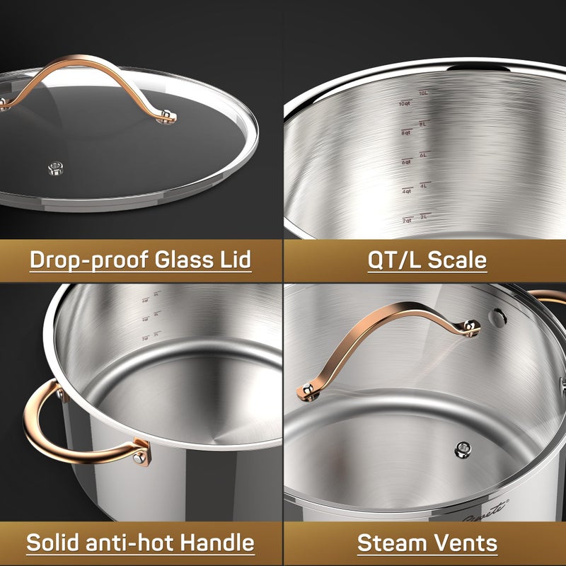 Ciwete Stock Pot 12 Quart, 18/10 Tri-Ply Stainless Steel Whole Clad Stock Pot with Lid, Seamless 12 QT Cooking Pot with Copper Handle, Healthy Stockpots, Induction, Gas, Oven and Dishwasher Safe - Image 2