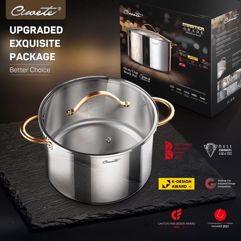 Ciwete Stock Pot 12 Quart, 18/10 Tri-Ply Stainless Steel Whole Clad Stock Pot with Lid, Seamless 12 QT Cooking Pot with Copper Handle, Healthy Stockpots, Induction, Gas, Oven and Dishwasher Safe - Image 3