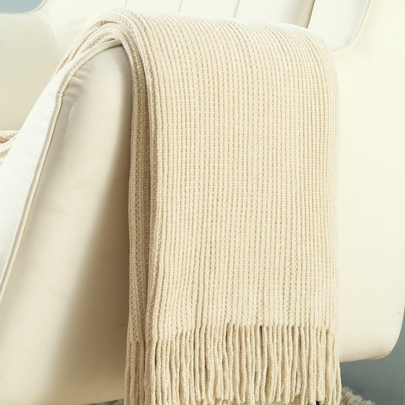 CREVENT Super Cozy Soft and Warm Chenille Throw Blanket for Sofa Couch Chair Bed, Spring Sumer Fall All Season Use, Gift for Mom Girlfriend (50''X60'' Ivory) - Image 3