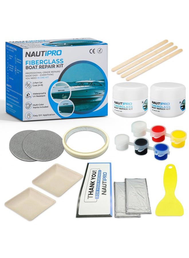 NautiPro Fiberglass Boat Repair Kit – Professional Gel Coat Repair Kit for Boats, Marine Epoxy Filler Fixes Chips, Cracks & Holes – Color Match (4 Pigments), Waterproof, UV-Resistant, Easy DIY Boat Repair - Image 1