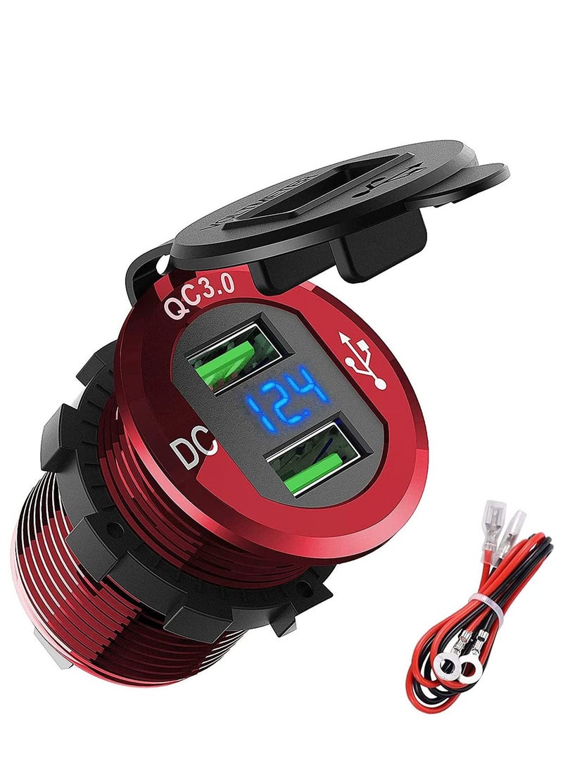 Y&D Car Charger Socket, Quick Charge 4.0 PD Type C and 3.0 USB, 12V/24V Outlet Power Waterproof with Dual Ports for Marine Boat Motorcycle Golf (red) - Image 1