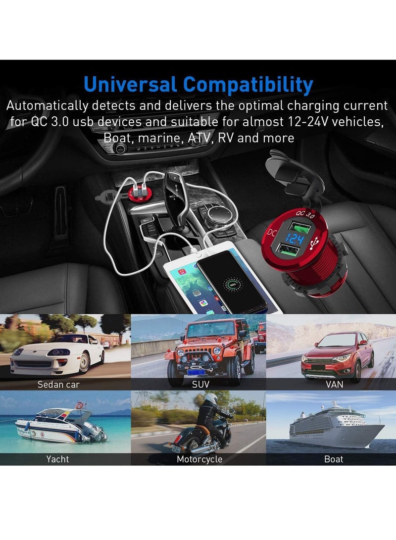 Y&D Car Charger Socket, Quick Charge 4.0 PD Type C and 3.0 USB, 12V/24V Outlet Power Waterproof with Dual Ports for Marine Boat Motorcycle Golf (red) - Image 3