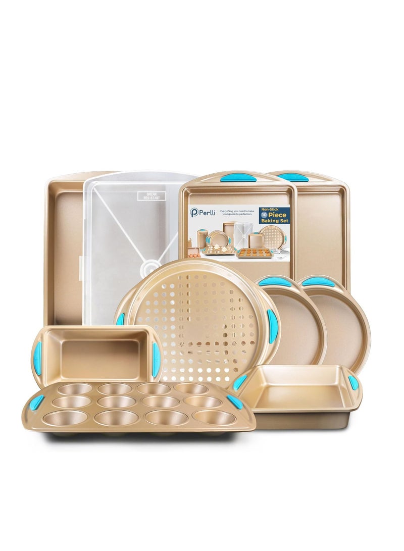 Perlli Baking Pan 10 Piece Set Nonstick Gold Steel Oven Bakeware Kitchen Set with Silicone Handles, Cookie Sheets, Round Cake Pans, 9x13 Pan with Lid, Loaf Pan, Deep Pan, Pizza Crisper, Muffin Pan - Image 1