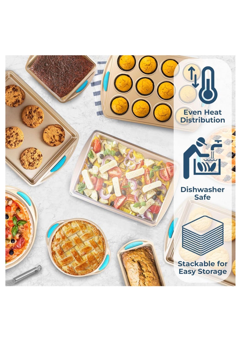 Perlli Baking Pan 10 Piece Set Nonstick Gold Steel Oven Bakeware Kitchen Set with Silicone Handles, Cookie Sheets, Round Cake Pans, 9x13 Pan with Lid, Loaf Pan, Deep Pan, Pizza Crisper, Muffin Pan - Image 2