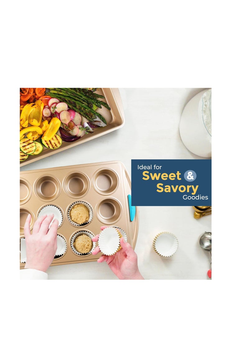 Perlli Baking Pan 10 Piece Set Nonstick Gold Steel Oven Bakeware Kitchen Set with Silicone Handles, Cookie Sheets, Round Cake Pans, 9x13 Pan with Lid, Loaf Pan, Deep Pan, Pizza Crisper, Muffin Pan - Image 5