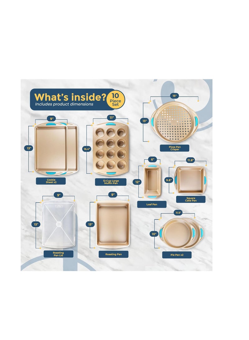 Perlli Baking Pan 10 Piece Set Nonstick Gold Steel Oven Bakeware Kitchen Set with Silicone Handles, Cookie Sheets, Round Cake Pans, 9x13 Pan with Lid, Loaf Pan, Deep Pan, Pizza Crisper, Muffin Pan - Image 4