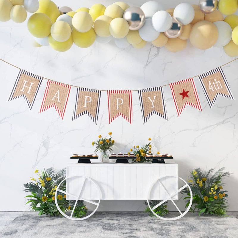 GOER Happy 4th of July Banner No DIY Required Natural Burlap and Cotton Independence Day Decorations Fourth of July Party Supplies Total Length 86.6 Inch - Image 4