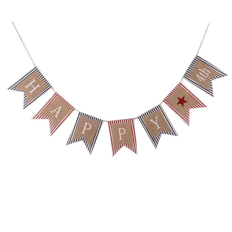 GOER Happy 4th of July Banner No DIY Required Natural Burlap and Cotton Independence Day Decorations Fourth of July Party Supplies Total Length 86.6 Inch - Image 1