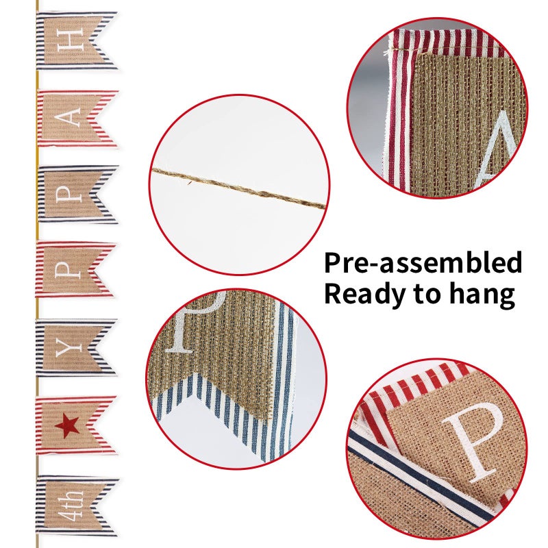 GOER Happy 4th of July Banner No DIY Required Natural Burlap and Cotton Independence Day Decorations Fourth of July Party Supplies Total Length 86.6 Inch - Image 2