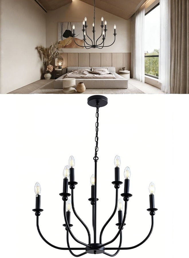 VUCATIN 9-Light Matte Black Farmhouse Chandelier for Dining Room Light Fixture Hanging Industrial Candle Pendant Light Rustic Chandelier for Living Room Foyer Bedroom Kitchen Island Lighting Bulb not Included (M50) - Image 1