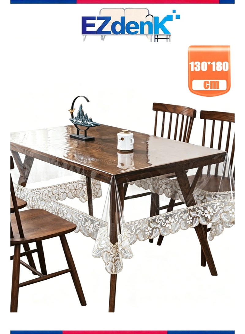 EZdenK 130*180cm Clear Plastic Rectangle Tablecloth Vinyl Waterproof Table Cloth Embroidered Lace Edge Transparent Table Cover for Dining Kitchen Outdoor Table - Image 1
