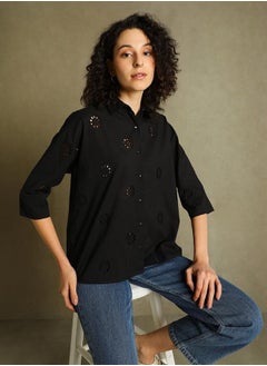 Dennis Lingo Black Self-Design Shirt for Women - Relaxed Fit, Versatile  - Image 1