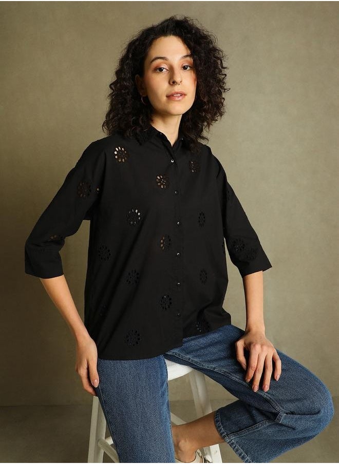 Dennis Lingo Black Self-Design Shirt for Women - Relaxed Fit, Versatile  - Image 1