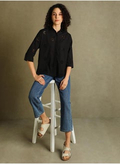 Dennis Lingo Black Self-Design Shirt for Women - Relaxed Fit, Versatile  - Image 5