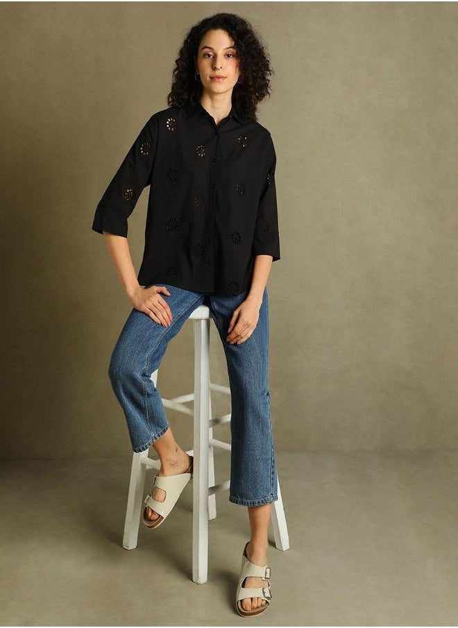 Dennis Lingo Black Self-Design Shirt for Women - Relaxed Fit, Versatile  - Image 5