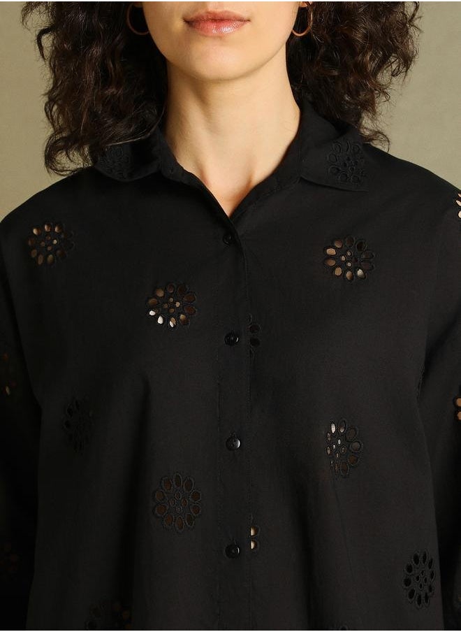 Dennis Lingo Black Self-Design Shirt for Women - Relaxed Fit, Versatile  - Image 3