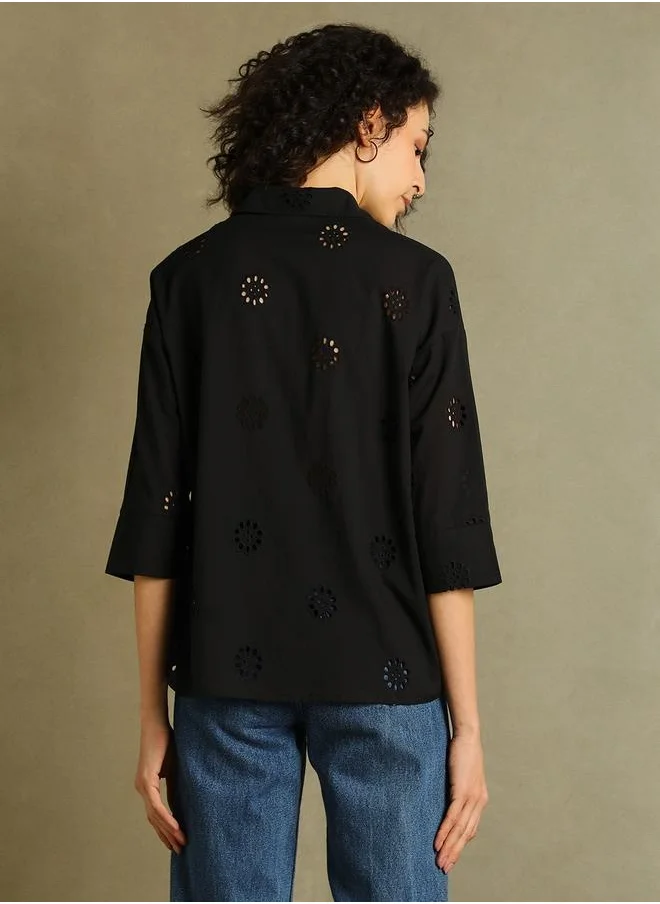 دينيس لينغو Black Self-Design Shirt for Women - Relaxed Fit, Versatile