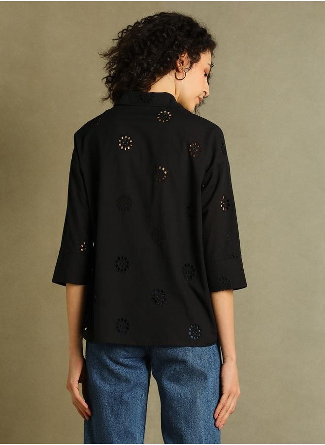 Dennis Lingo Black Self-Design Shirt for Women - Relaxed Fit, Versatile  - Image 2