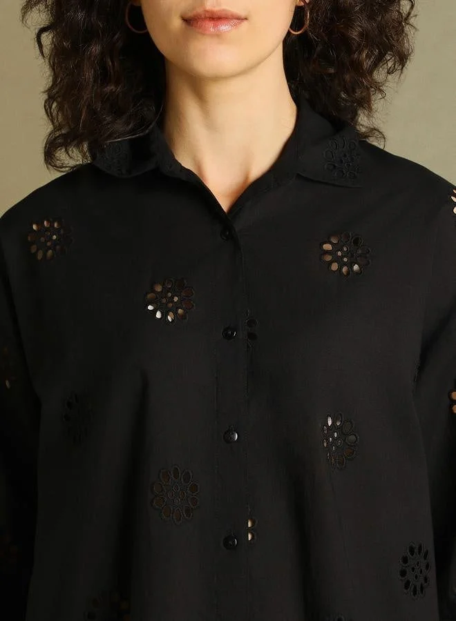Dennis Lingo Black Self-Design Shirt for Women - Relaxed Fit, Versatile