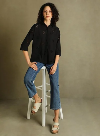 Dennis Lingo Black Self-Design Shirt for Women - Relaxed Fit, Versatile