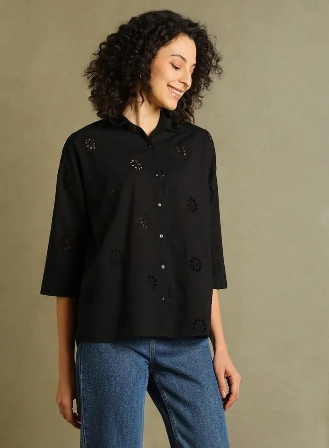 Dennis Lingo Black Self-Design Shirt for Women - Relaxed Fit, Versatile