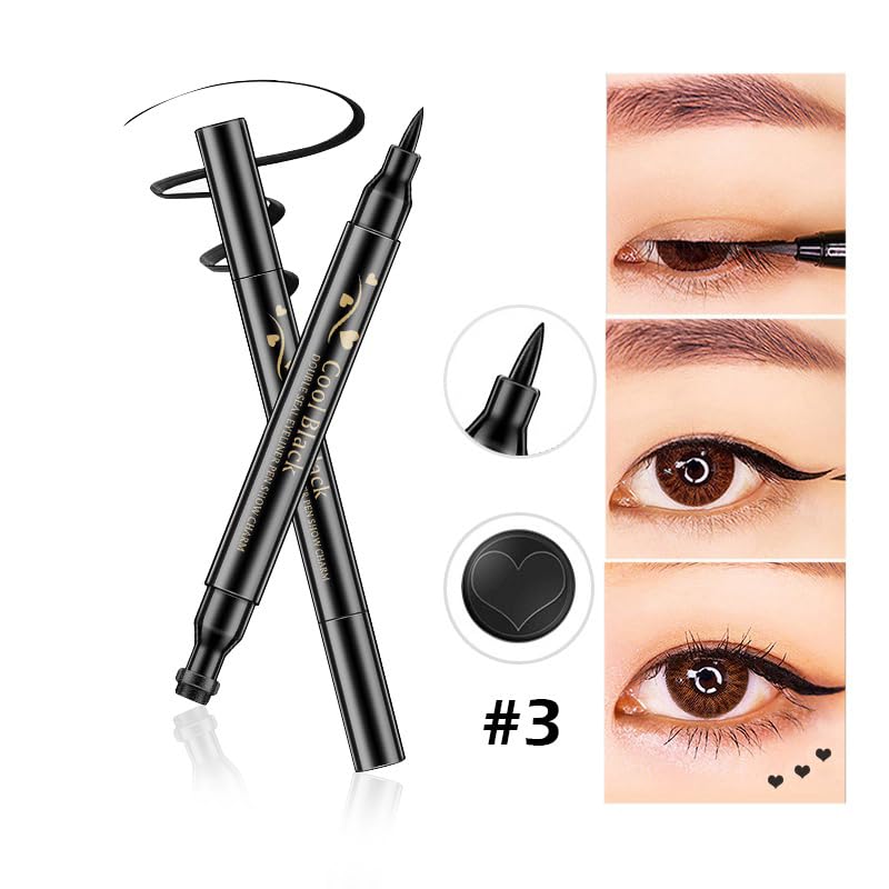 Pinkiou 2 in 1 Double-headed Liquid Eyeliner Pen Stamp Super Slim Gel Felt Tip High Pigment Black Waterproof Smudgeproof Long Lasting Makeup Tool(Heart) - Image 2