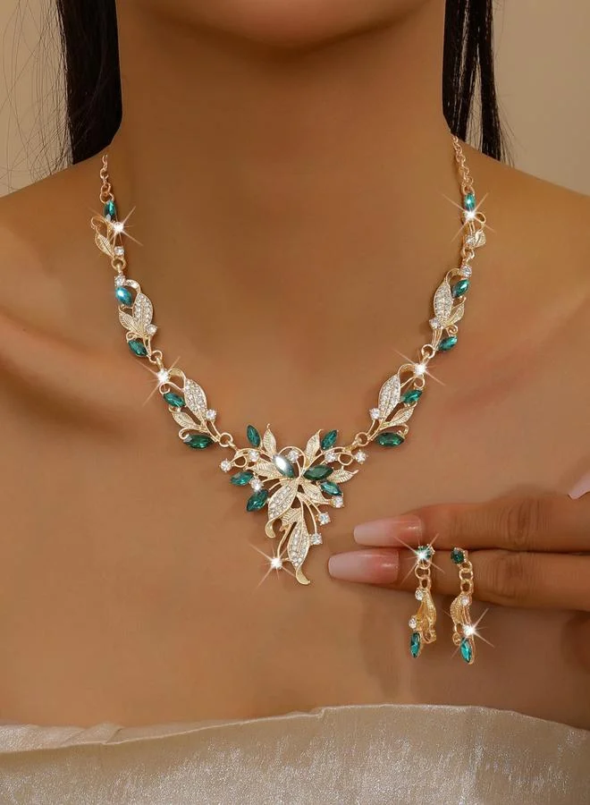 تايك تو طقم مجوهرات قلادة وأقراط مزينة بشكل ورق شجر قطعتين