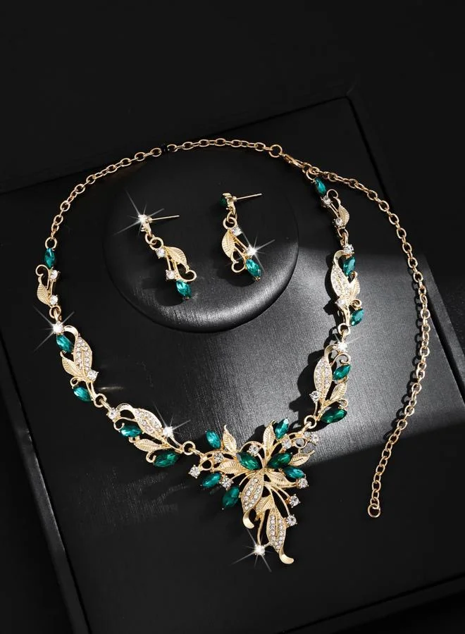 تايك تو طقم مجوهرات قلادة وأقراط مزينة بشكل ورق شجر قطعتين