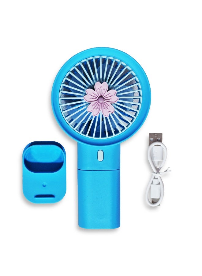 Mini handheld fan Q374F , cute design with bright and blue color, small size and easy to carry by hand or put in bag, equipped with USB rechargeable battery, on/off button 3 speeds with LED light, nice summer and birthday gift for kids and adults, high quality and easy to use - Image 4