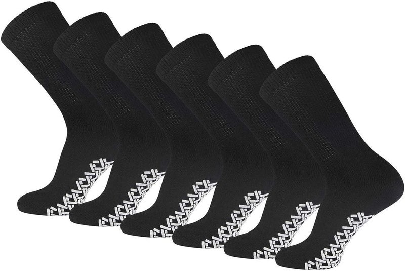 Diamond Star Mens Women Diabetic Loose Top Therapeutic Anti Slip Non Skid Gripper Soft Cotton Full Cushioned Crew Socks 1013 Black  6 Pairs - Image 1