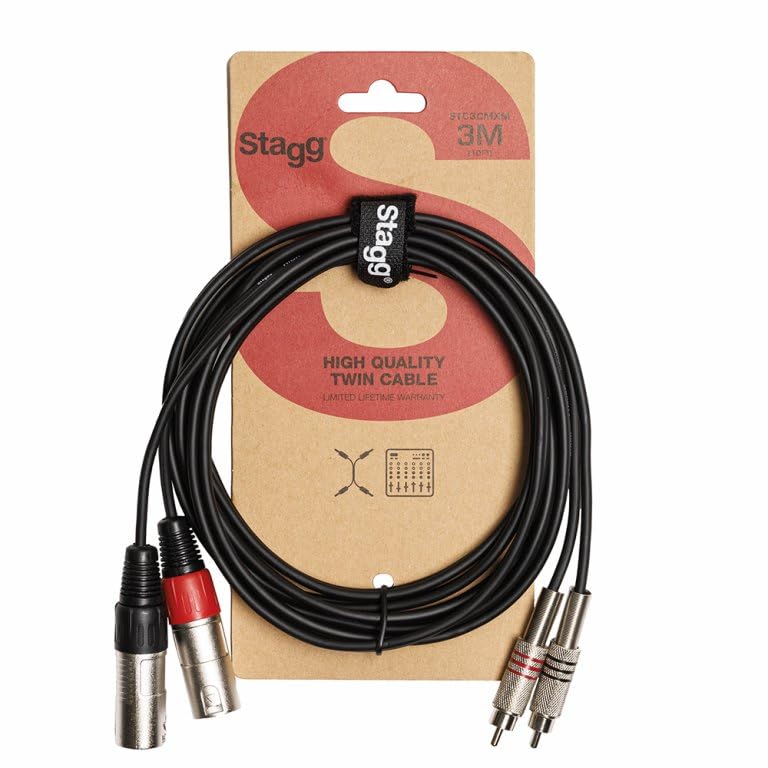 Stagg STC3CMXM Male XLR to Male RCA Twin Cable, Black - 10ft. - Image 1