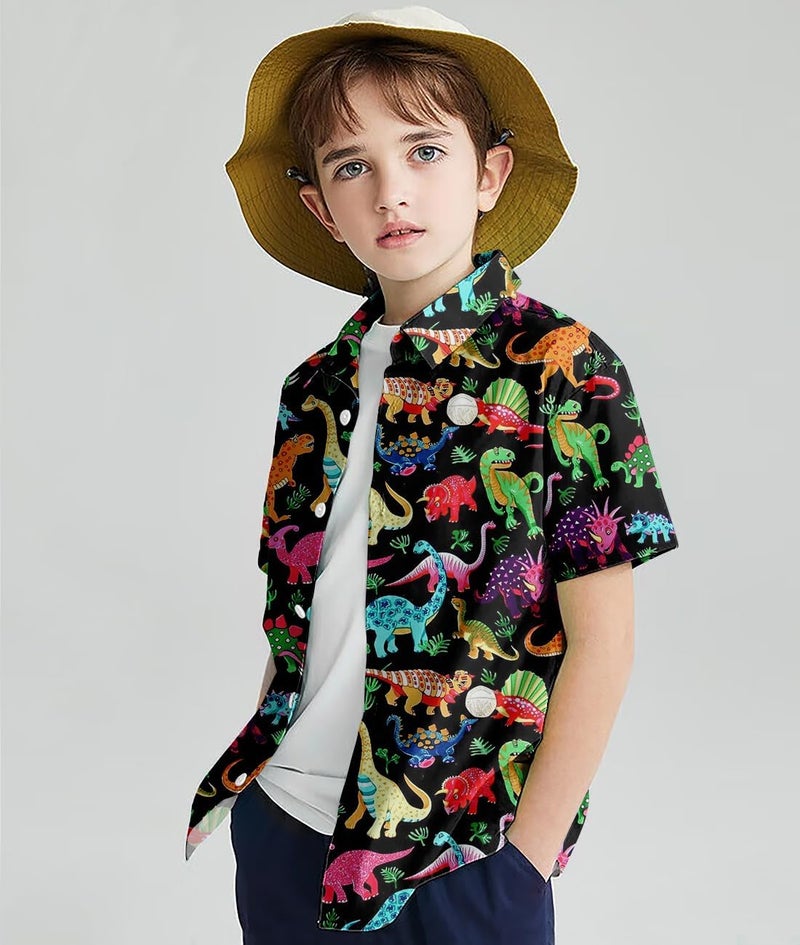 uideazone 5-6T Little Boys Kids Button Down Shirt 5t 3D Printing Hawaiian Short Sleeve Shirts Funny Tropical Dinosaur Aloha Tops Coats - Image 3