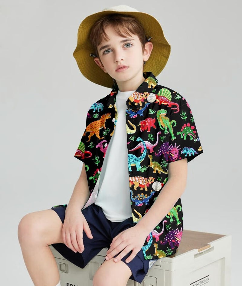 uideazone 5-6T Little Boys Kids Button Down Shirt 5t 3D Printing Hawaiian Short Sleeve Shirts Funny Tropical Dinosaur Aloha Tops Coats - Image 2