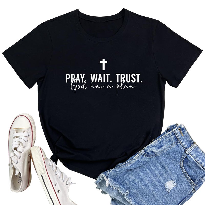 LOOKFACE Women Pray Wait Trust Soft Tees Cute Graphic T Shirts Black X-Large - Image 1