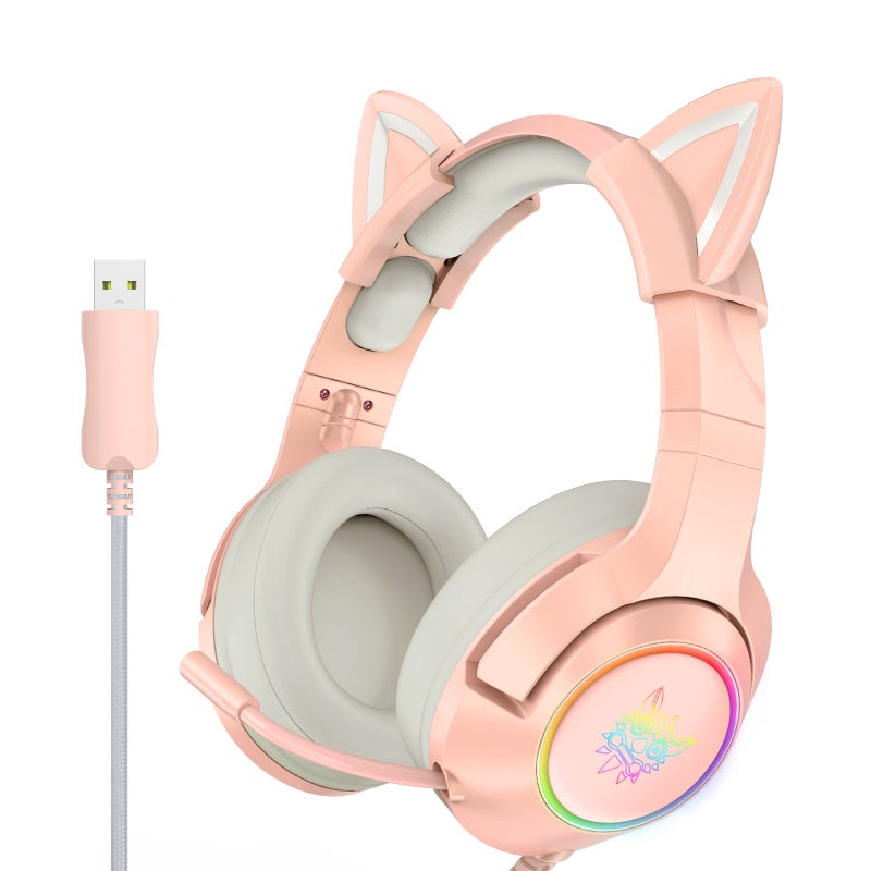 سماعة ألعاب سلكية USB ONIKUMA K9 صوت محيطي افتراضي 7.1 سماعات بأذن قطط قابلة للإزالة سماعة ألعاب إلكترونية مع ميكروفون ومكافحة الضوضاء مع ضوء RGB LED وتحكم في مستوى الصوت وإيقاف صوت الميكروفون للحاسوب المحمول والكمبيوتر المكتبي - Image 1