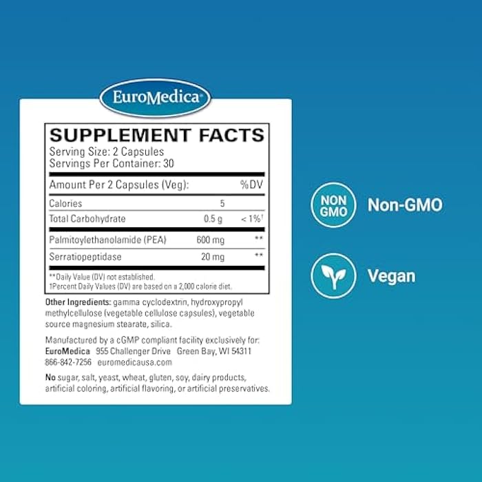 Terry Naturally EuroMedica Pea Healthy Inflammation Response - Joint Health Support - Exercise Performance & Post-Workout Support - Free of Dairy, Gluten, or Soy - 60 Capsules (30 Servings) - Image 2