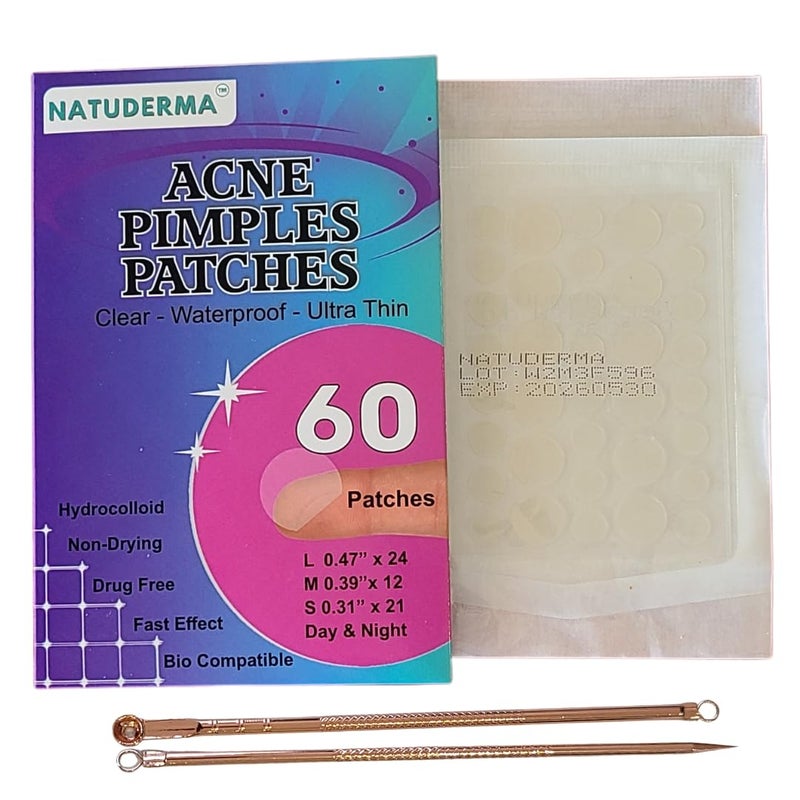 Natuderma Hydrocolloid Pimple Patches  Salicylic Acid and Tea Tree Oil Patches for Acne Treatment with Popping Tools  Pimple Patches for Face  Acne Patches 3 sizes 60count  Parches para acne 