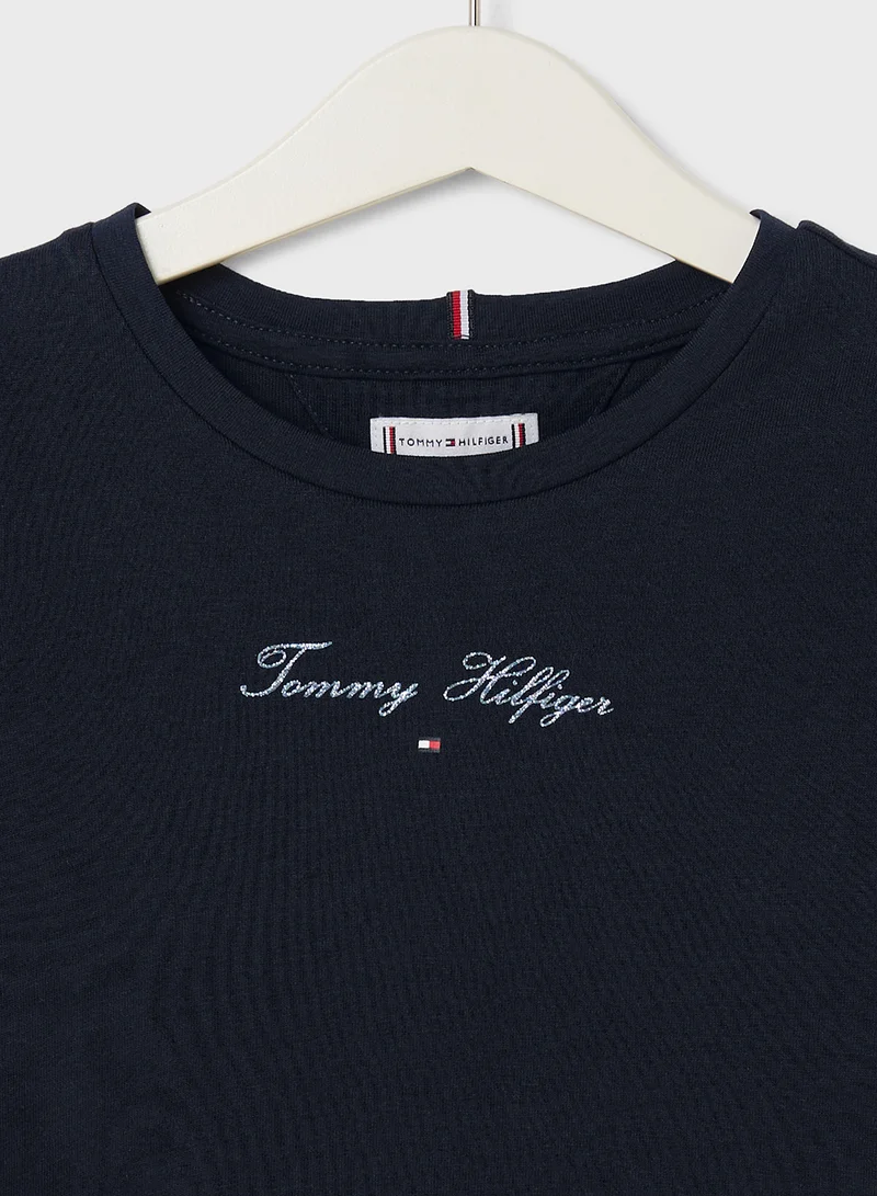 تومي هيلفيغر Youth Crew Neck Script Logo Slim Fit T-Shirt