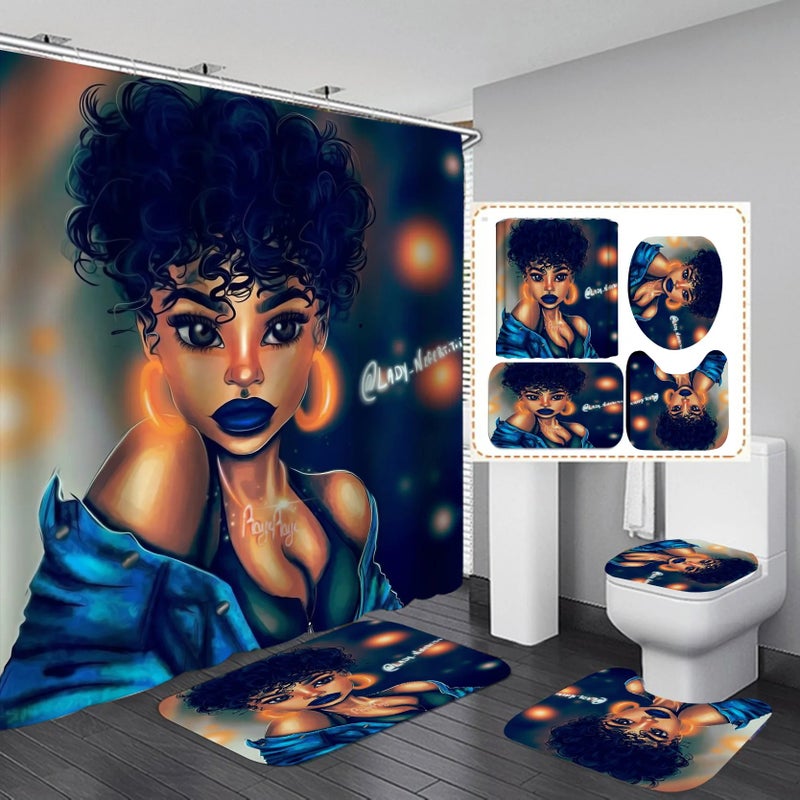 Y&D New 3D Print Black Women Art African American Style Bathroom Sets, Shower Curtain Set 4 Pcs - Image 1